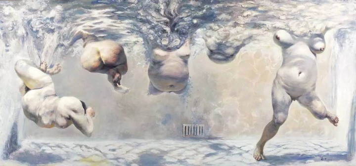 夏小万 《水·肢体之二》 300×140cm 布面油画 2002 
图片来源：当代唐人艺术中心
