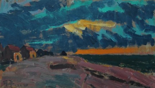 马可鲁《海边的夕阳》44.5x26cm 木板油画 1984
