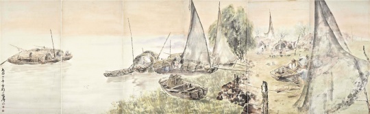 高剑父 《珠江渔村》镜框 设色纸本 171×547.5cm 1933年作

