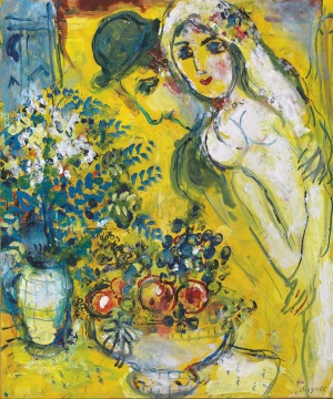马克·夏加尔《黄色背景上的恋人》59.7x49.3cm 综合材料绘画 油彩、水粉、纸 1960
