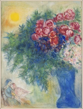 马克·夏加尔《恋人与花束》66×52cm 综合材料绘画，水彩、水粉、铅笔、纸 1935-1938
