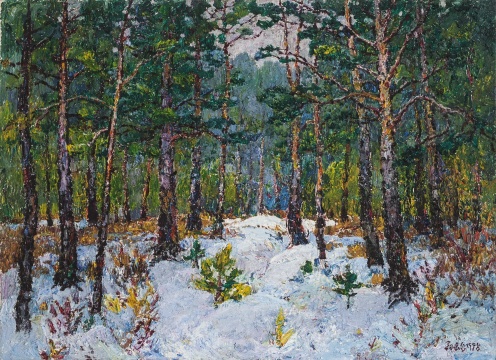 《雪地上的樟松》，布面油画，来自索卡艺术
