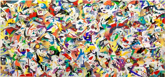 松山智一《暮光渔人》152.5×213.5×3.8cm×3 布面丙烯和综合材料 2017
松山智一《暮光渔人》152.5×213.5×3.8cm×3 布面丙烯和综合材料 2017