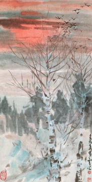 《寒林落晖》 101×51.5cm  纸本设色 1982

