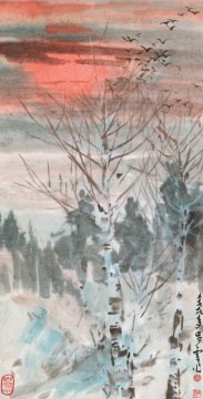 《寒林落晖》 101×51.5cm 纸本设色 1982
《寒林落晖》 101×51.5cm 纸本设色 1982