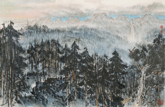 《长白林海忆英烈》 103×158cm 纸本设色 1982
《长白林海忆英烈》 103×158cm 纸本设色 1982