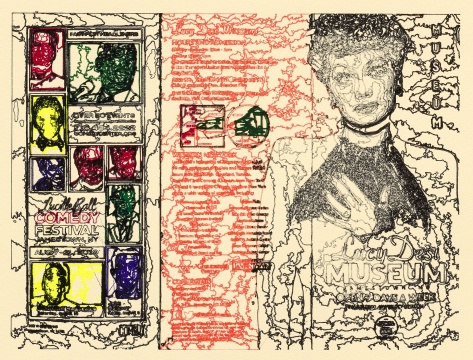 LUCY DESI MUSEUM 2019年 机械臂绘画 用时462分钟 ARCHES 88版画纸、黑色针管笔、彩色荧光油性笔  22.86x30.48cm(画芯)  艾尔弗雷德大学电子艺术研究所
