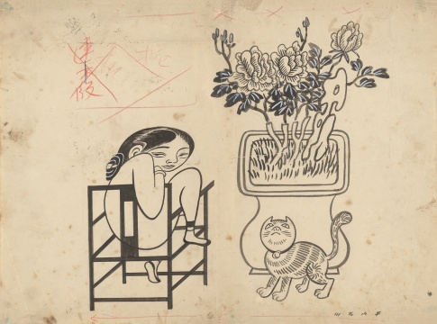 张光宇《民间情歌》(郎君出门早早回,日出走来日出息;路上残花莫要采,家中牡丹正在开。)32×43cm 纸本水墨
发表于1935年5月20日《时代漫画》第17期
张光宇《民间情歌》(郎君出门早早回,日出走来日出息;路上残花莫要采,家中牡丹正在开。)32×43cm 纸本水墨
发表于1935年5月20日《时代漫画》第17期