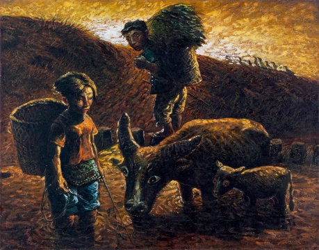 罗中立 《夕阳》1992 布面油画 91.1 × 116cm 签名：luo zhongli 罗；《夕阳》（背面） 华艺国际（北京）2020秋季拍卖会拍品

