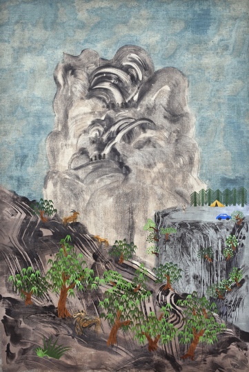 夏阳《山水一》 130×210cm  丙烯、剪贴布 2011
