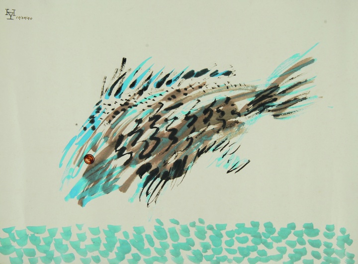 夏阳《鸟抓虫》 47×45.5cm  丙烯、剪贴、纸本 1991