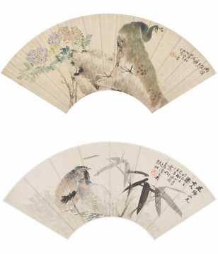 任颐

（1840 - 1895）

孔雀、竹枝鹧鸪

镜心 设色纸本

18 x 52.5 cm（每幅）

无底价
