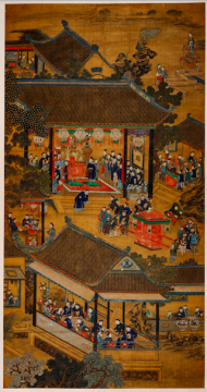 《婚庆图》 131x68cm 绢本设色 清中晚期 大观文化馆藏
《婚庆图》 131x68cm 绢本设色 清中晚期 大观文化馆藏