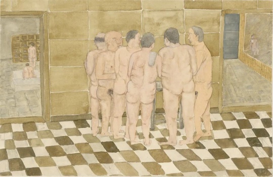 曹应斌 《澡堂吃鸡蛋的男人》 25×38cm 纸上水彩 2015
曹应斌 《澡堂吃鸡蛋的男人》 25×38cm 纸上水彩 2015