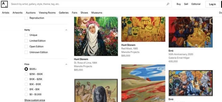 艺术品交易网站Artsy截图,不仅标有明确的价格,还可按照媒介、尺寸、版数等分类方法筛选作品
艺术品交易网站Artsy截图,不仅标有明确的价格,还可按照媒介、尺寸、版数等分类方法筛选作品