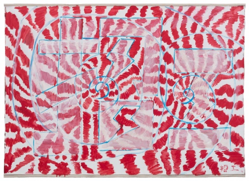 《招工（红白放射状，蓝螺旋线）》 亚麻画布丙烯 168 x 238 cm 2020

