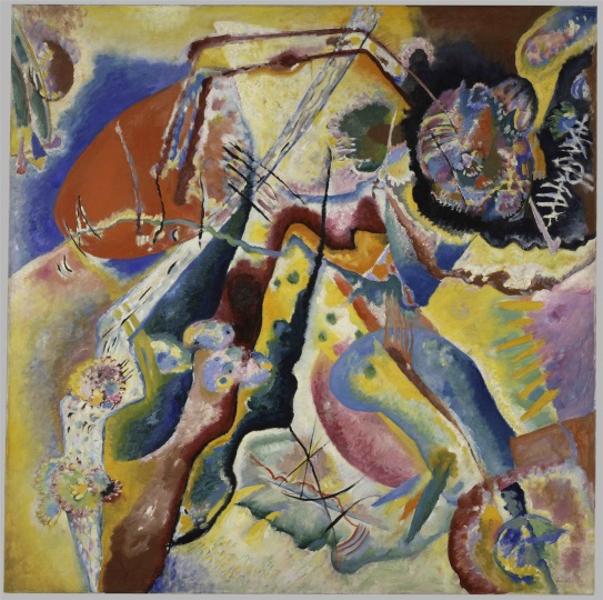 康定斯基《有红迹的画》130×130cm 布面油画 1914，1976年由妮娜·康定斯基女士捐赠，蓬皮杜中心，巴黎，法国国家现代艺术博物馆-工业设计中心
