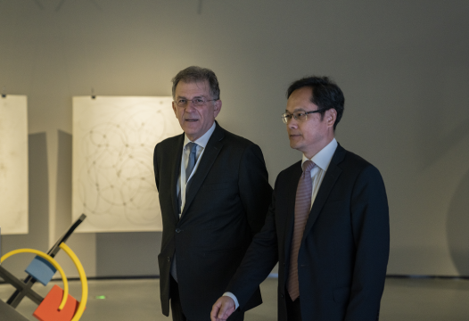 希腊驻华大使乔治·伊利奥普洛斯与中国对外文化集团董事长李金生观看希腊主宾国展览