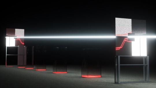 N-APE STUDIO 《显微镜》 100cm×20cm×30cm P2 LED屏幕、钢结构、亚克力、若干电源连接线、雷达传感器 2021(图片由艺术家提供)
N-APE STUDIO 《显微镜》 100cm×20cm×30cm P2 LED屏幕、钢结构、亚克力、若干电源连接线、雷达传感器 2021(图片由艺术家提供)