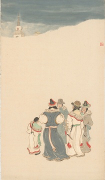 《赴庙会途中》106×62cm 纸本水墨设色 1943年
《赴庙会途中》106×62cm 纸本水墨设色 1943年