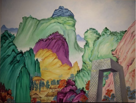 王明贤《王蒙山水+CCTV 》105×80cm 布面油画 2020
王明贤《王蒙山水+CCTV 》105×80cm 布面油画 2020