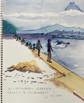王岩 《江之岛垂钓》 34×26cm 纸本水彩 2017

