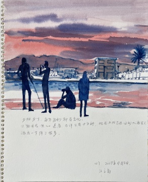 王岩 《江之岛的黄昏》34×26cm 纸本水彩 2018


