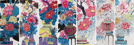 梁缨《花开富贵》290 x 140cm x 7 纸本设色 2021 ©梁缨,图片由艺术家提供 梁缨《花开富贵》290 x 140cm x 7 纸本设色 2021 ©梁缨,图片由艺术家提供