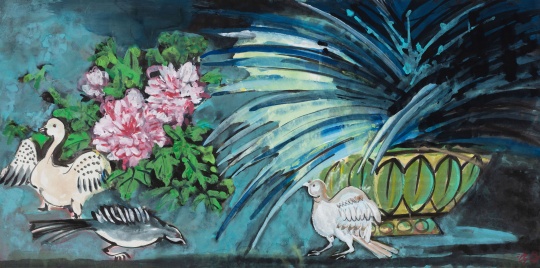 梁缨《芙蓉园里看花,鱼藻池边射鸭》69 x 138cm 纸本设色 2021 ©梁缨,图片由艺术家提供
梁缨《芙蓉园里看花,鱼藻池边射鸭》69 x 138cm 纸本设色 2021 ©梁缨,图片由艺术家提供