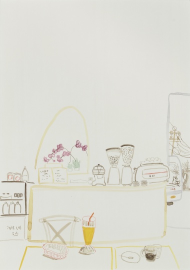 2015年申玲画的王玉平在Oasis咖啡馆画画（纸本素描  21×29cm）王玉平和申玲几乎每次都是一起外出写生，王玉平喜欢在马路边画画，申玲就钻进附近的咖啡馆，画自己喜欢的小素描。