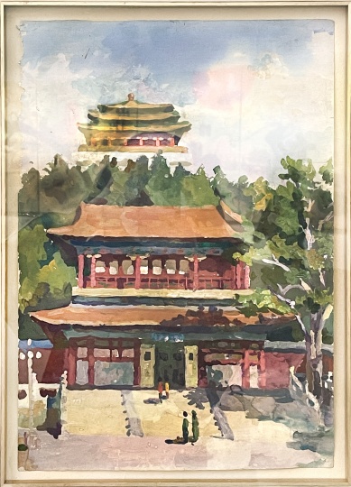 王玉平十六岁时用水粉画的《景山公园》（1978年），他在旁写下“当时觉得画得挺辛苦，手底下没有办法。”
