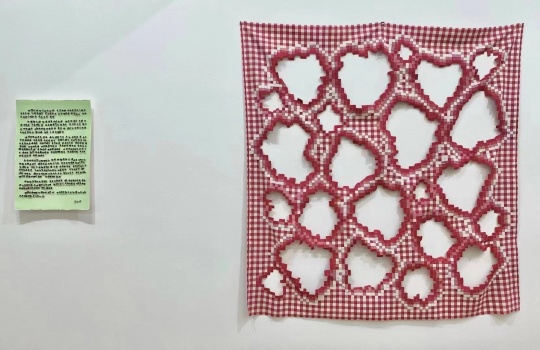 张雪瑞《墨心手书》58×38cm 手工纸、黑色墨水笔、布、大头针 2021

张雪瑞《空心之缘》154×152cm 布、棉线 2021
