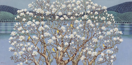 《玉兰花开》164.5×327cm 纸本设色 1980年代
