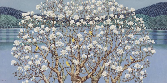 《玉兰花开》164.5×327cm 纸本设色 1980年代
《玉兰花开》164.5×327cm 纸本设色 1980年代