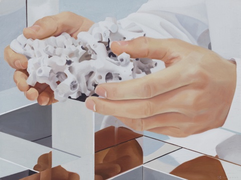 《展示珊瑚化石的人》22.5×30.5cm 木板油画 2020
《展示珊瑚化石的人》22.5×30.5cm 木板油画 2020