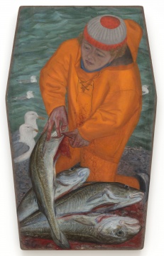 《跪地为鳕鱼开膛的博多》123x76x6cm 木板油画 1979
