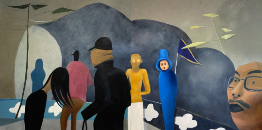 苗妙《大弯路》 150 × 300 cm 木板上油画、色素及蜡笔 2022
苗妙《大弯路》 150 × 300 cm 木板上油画、色素及蜡笔 2022