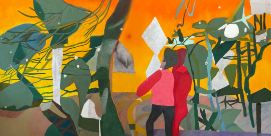 苗妙《⽇落》150 × 300 cm⽊板上油画、⾊素及蜡笔 双联拼接(每件 150 × 150 cm)2022
苗妙《⽇落》150 × 300 cm⽊板上油画、⾊素及蜡笔 双联拼接(每件 150 × 150 cm)2022