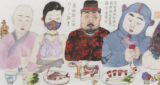 李津《饮食男女》 36×138cm 纸本设色 2022
李津《饮食男女》 36×138cm 纸本设色 2022