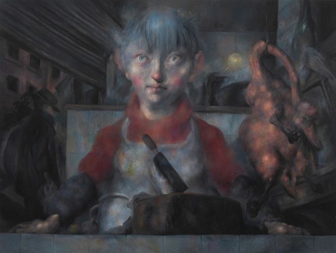 邱炯炯《利达与天鹅》（又：丽达出摊儿图）布面油彩90x120cm 2021
