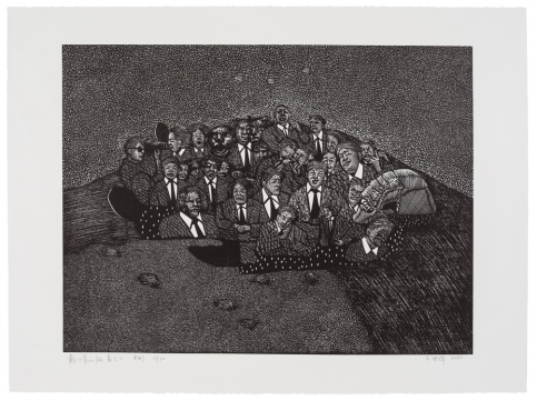 《戴口罩的病毒之二》，黑白木刻，76 × 56 cm，2020
