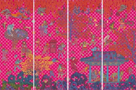 刘天怜 钟馗嫁妹 2022 纸本绢本设色 160×60cm×4
刘天怜 钟馗嫁妹 2022 纸本绢本设色 160×60cm×4