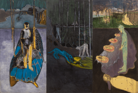 《黄色的人与蓝色的动物》，布面丙烯，160 × 240 cm，2004
