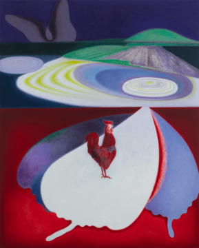 《公鸡与远方的蝶》，布面油画，200 × 160 cm，2021-2022
