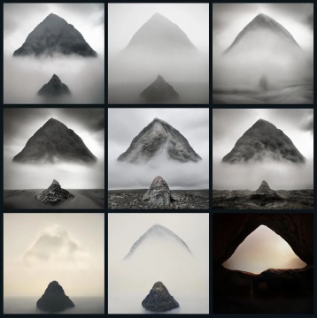 施焦《AI Mountains》 AI⽣成影像 15x15cm单张 2022
施焦《AI Mountains》 AI⽣成影像 15x15cm单张 2022