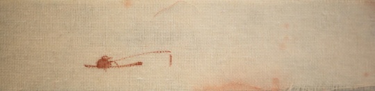 《透气》之二(局部)5x88cm 材料:朱砂、纱布,2015
《透气》之二(局部)5x88cm 材料:朱砂、纱布,2015