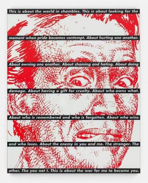 芭芭拉·克鲁格 《欲望存在于快乐缺席之处》225 x 222 cm 乙烯丝网印刷Screenprint on vinyl
2009 图片由卓纳画廊提供 courtesy David Zwirner Gallery
