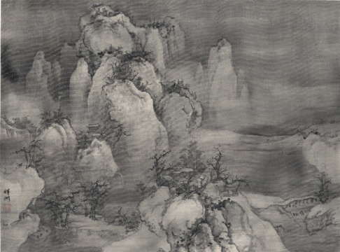 《云山小雪》
画面缭绕的雾气转换和重叠多种距离及不同视角于同一平面中的山景描绘方式，深有北宋山水画家范宽的意境和精妙。所绘画的并非静态，而是一个循环不息的宇宙。



