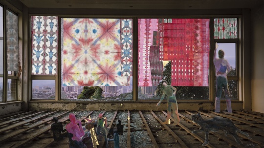 陈彧君，《围城状态》，2022，水彩纸上综合材料，150×265 cm 
