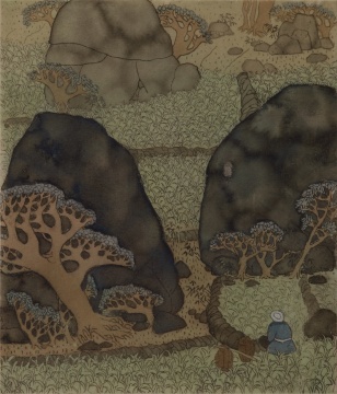 任建国 《种苞谷的老人之十》 18.8cmX15.5cm 绢本工笔重彩 1984年 中国美术馆藏
